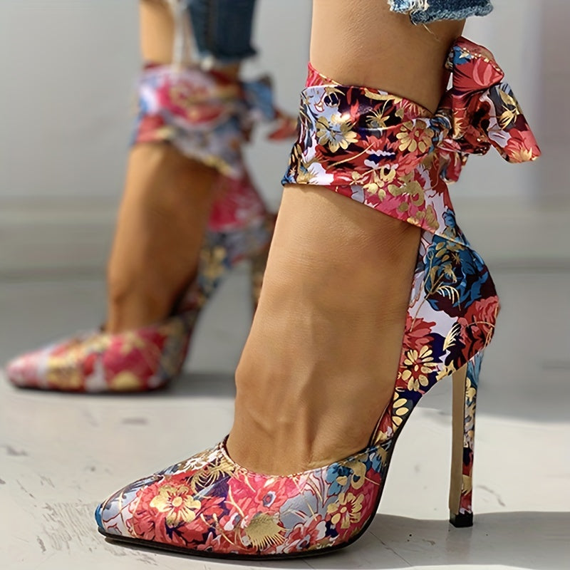 Women's Strappy Floral Print Satin Stiletto High Heels - Pointed Toe Lace Up D'Orsay Pumps with Ultrahigh Heel, Fabric Upper & Man Made Sole | Party & Dress Shoes | Fashion Stiletto Sandals
